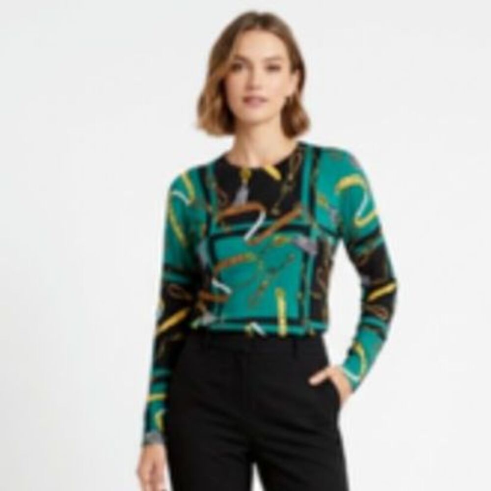 Beinspired Women's Green 100% Merino Wool Equestrian Print LS Sweater Size XL